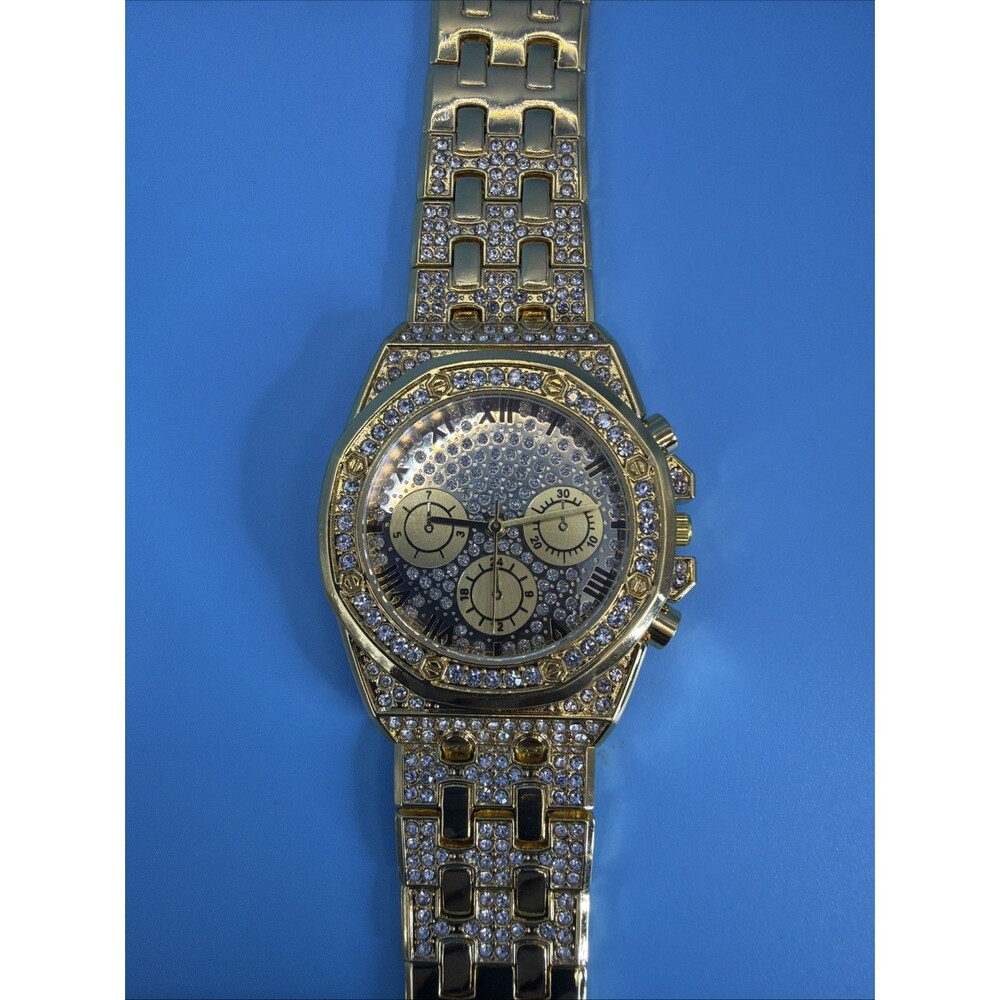 Luxury Gold Triple Dial Quartz Watch with Rhinestones for Men Brand New